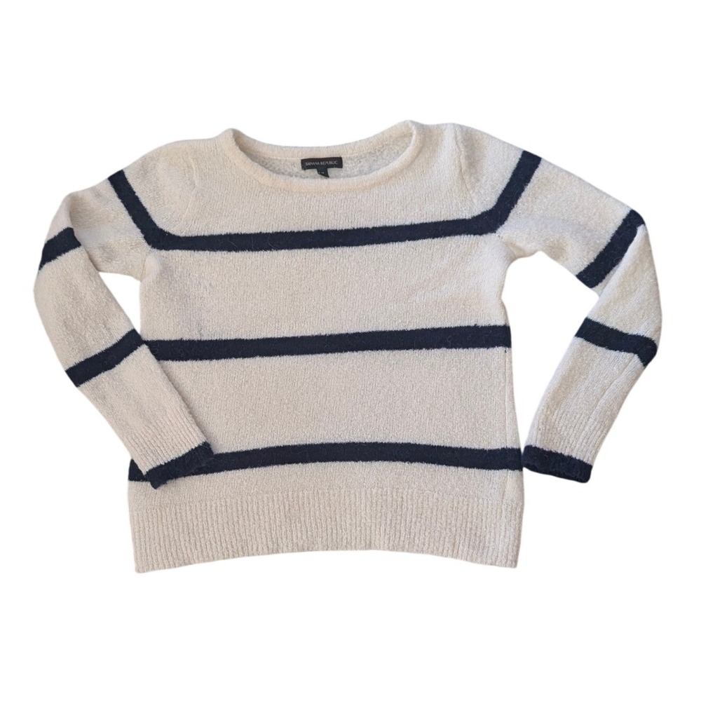 Banana Republic Striped Wool Alpaca Blend Sweater Cream Navy Blue Womens Size M